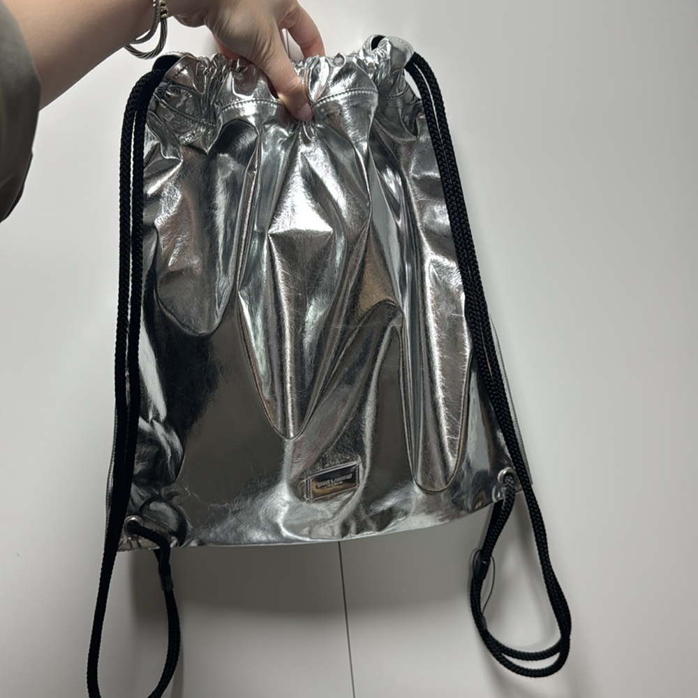 Saint Laurent Metallic Silver Drawstring Backpack